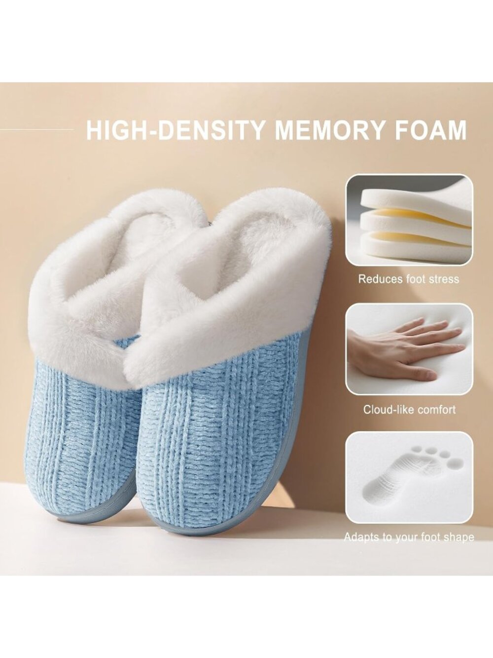 〽️Women's Blue Slippers Closed Toe Winter Slip on No Heel Bedroom Home Shoes - Picture 3 of 5